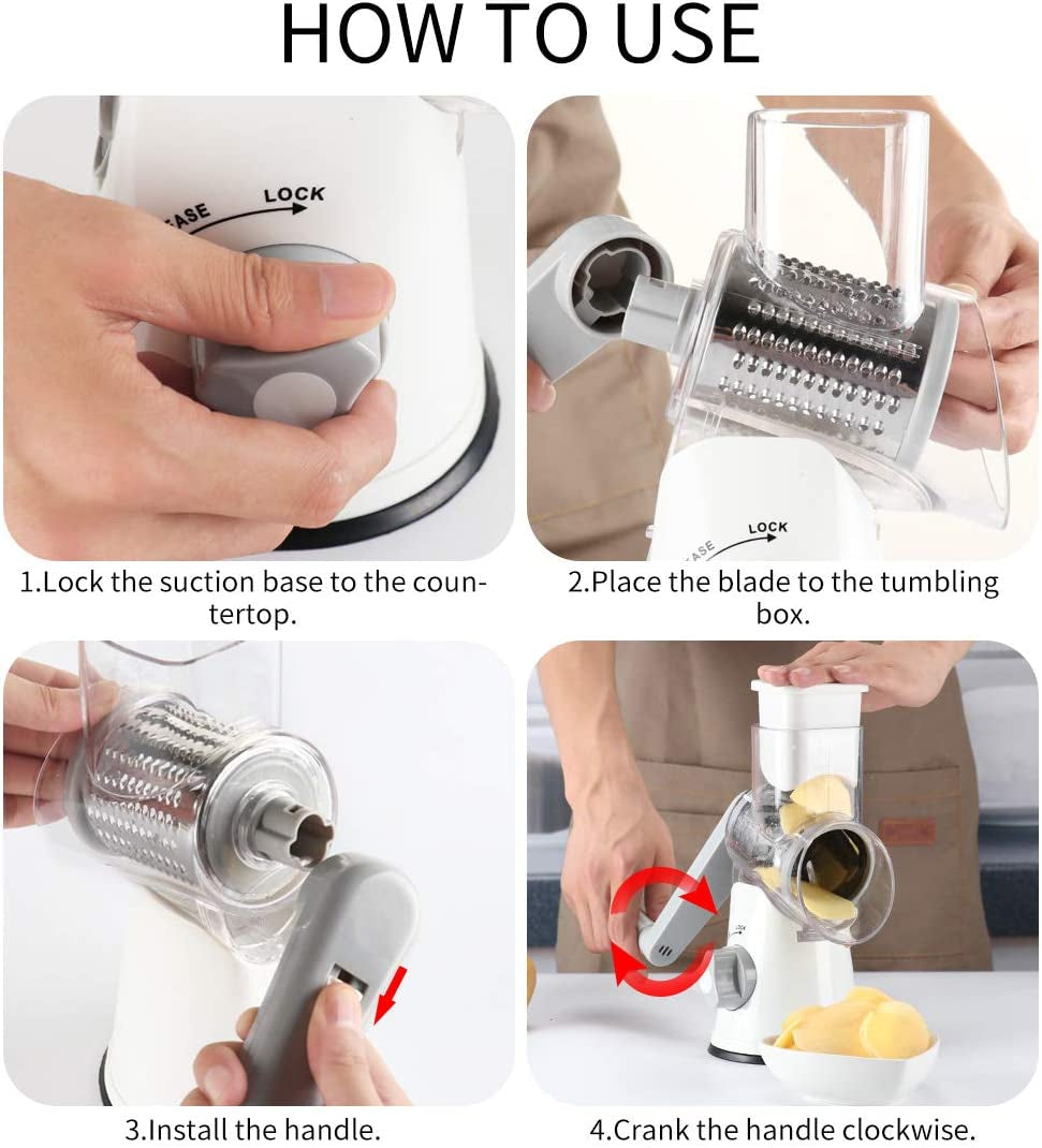 Rotary Cheese Grater Cheese Shredder - round Mandoline Slicer Vegetable Slicer Walnuts Grinder with Strong-Hold Suction Cup Base and Cleaning Brush